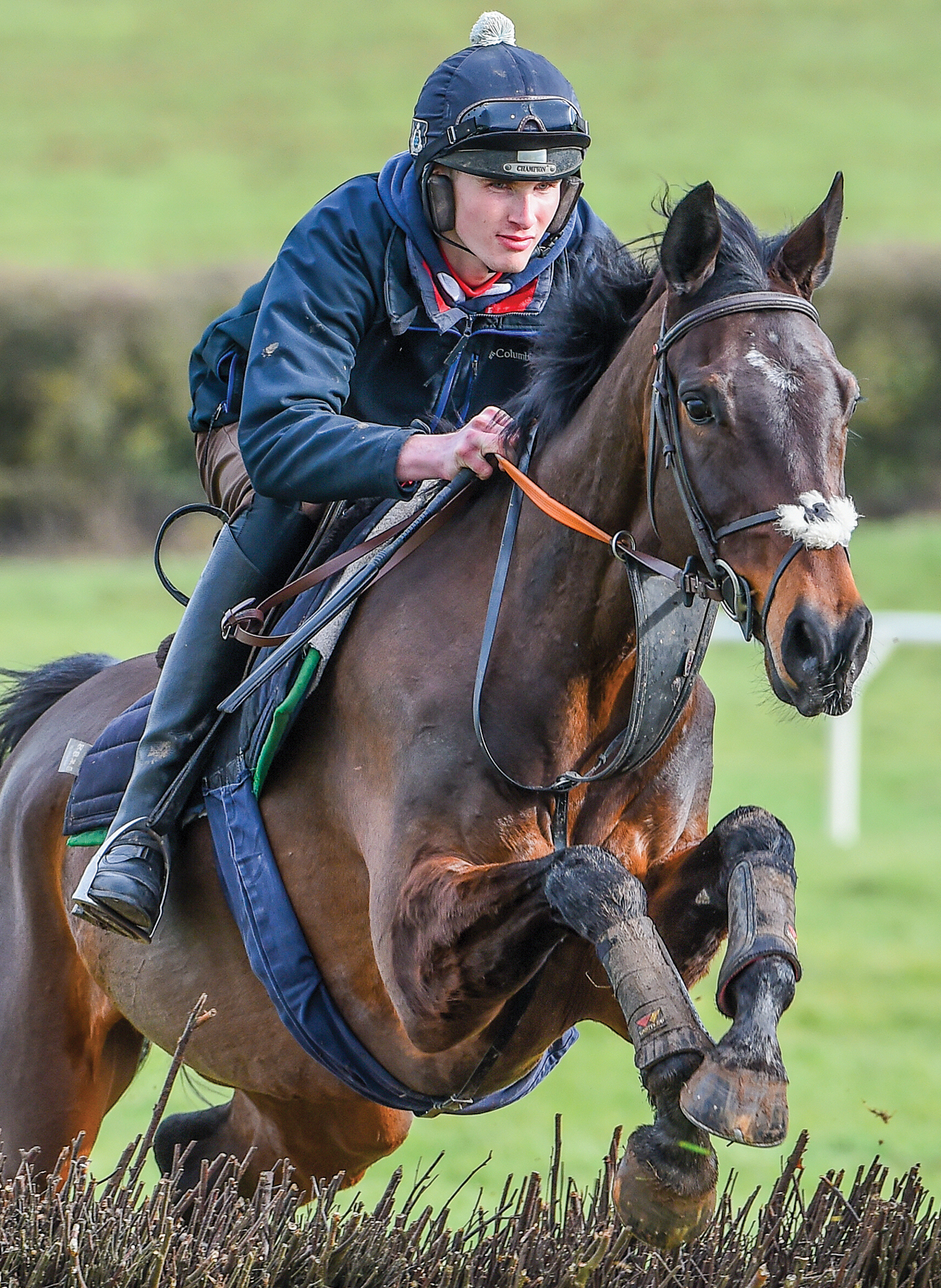 Jack Andrews riding Chongalolo during morning exercise at G&amp;amp;T Racing near Marton in Warwickshire in the UK on 20th February 2021