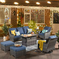 Ovios Joyoung Gray 7-Piece Wicker Patio Rectangle Fire Pit Conversation Set