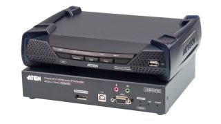 The ATEN KE9950/KE9952 4K DisplayPort/HDMI KVM over IP Extenders route KVM, audio, USB, and serial signals at unlimited distances via Cat -5e/6 over a LAN or via an SFP fiber optic transceiver module over an optical Ethernet network.