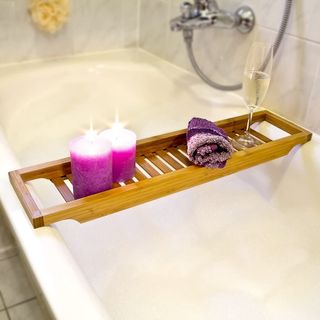 Relaxdays Bamboo Bathtub Caddy, Wooden Bathroom Rack