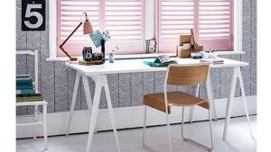 home office with desk chairs and wood shutters little greene pink slip