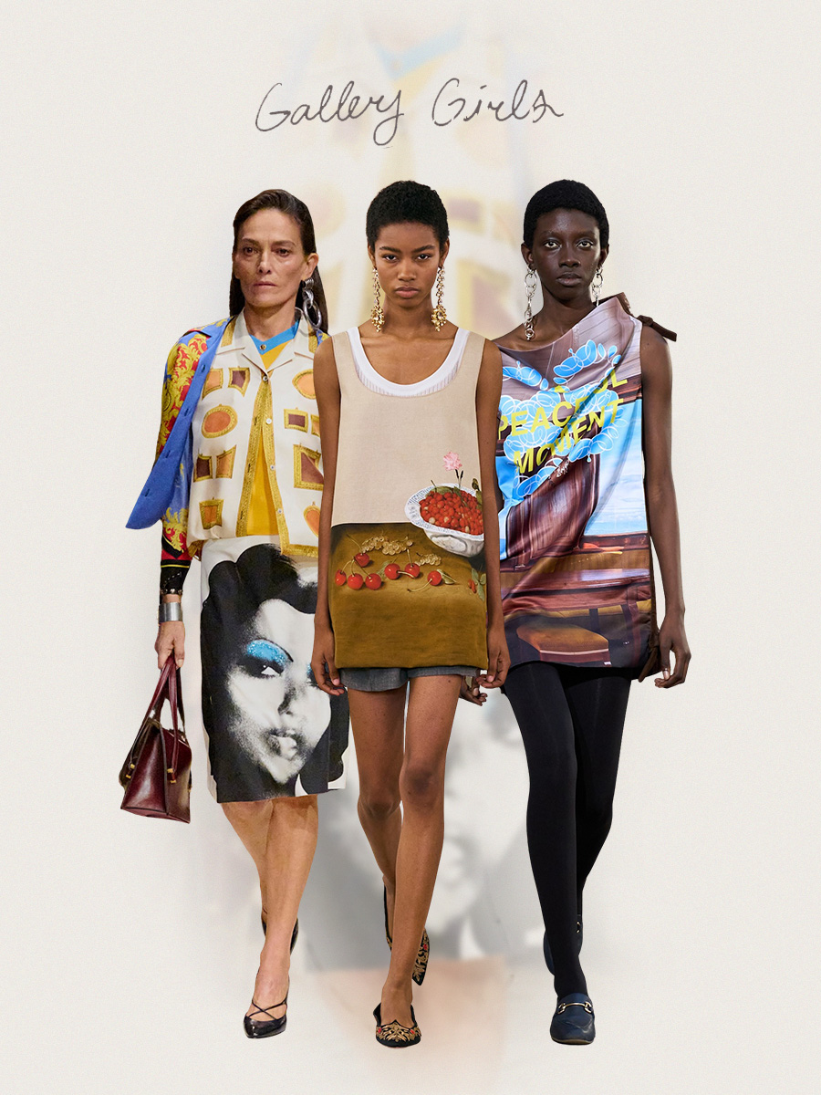 Spring 2026 print trends are shown in a collage of runway images, featuring three models walking down the catwalk wearing the &amp;quot;gallery girls&amp;quot; print trend. On the left, a model walking in Versace's spring runway show is wearing a yellow sweater under a white cardigan with a gallery-inspired gold-frame print, styled with a contrasting white pencil skirt featuring a pop-art-inspired print. Versace's gallery-inspired pieces are styled with a blue scarf, a burgundy red snakeskin bag, a silver bangle, and black pointed pumps. In the middle, a model walking in Giambattista Valli's spring runway show is wearing a white tank top and gray shorts layered under a shift dress with a print that resembles a still-life painting of a bowl of cherries on a table. Giambattista Valli's gallery-inspired shift dress is also styled with long gold earrings and black embroidered velvet flats. On the right, a model walking in Meryll Rogge's spring show is wearing an asymmetrical sleeve silk mini dress with a surrealist-inspired art print. Meryll Rogge's gallery girl print dress is paired with black tights, black loafers, and long silver earrings.