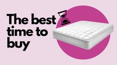 Whens the best time to buy a mattress graphic with mattress on pink background sand timer and text 