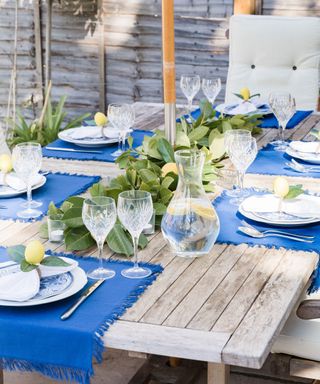 blue table setting for the garden