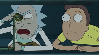 (L to R) Rick with a cyborg eye and Jerry dressed like Morty in a preview video for Rick and Morty season 6 episode 5