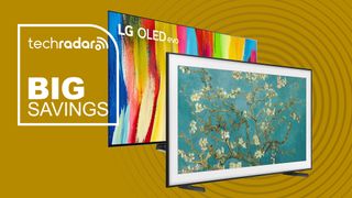 LG OLED TV and Samsung Frame TV with a sign saying Big Savings