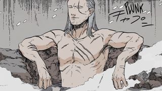 A manga-style Geralt settles into a hot bath