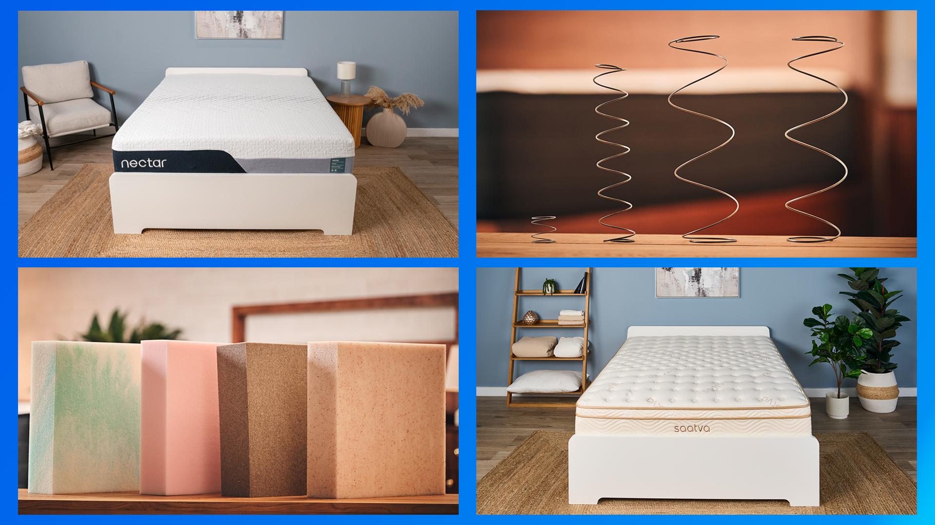 The Nectar Premier Memory Foam and Saatva Classic mattress in our Sleep Lab. Top right: a close up of mattress coils. Bottom left: a close up of mattress foam blocks.