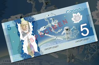 The Bank of Canada's new $5 bank note features a space-theme with the Canadarm2 robotic arm, Dextre manipulator and a spacewalking astronaut.