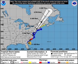 Tropical storm Isaias will likely strengthen to a hurricane before hitting the Carolinas and traveling up the coast. Hurricane warnings are in effect for parts of the Carolina coasts, while tropical storm warnings are in effect for the Mid-Atlantic region and parts of New England.