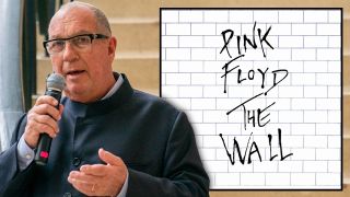 Aubrey Powell speaks at Pink Floyd - Their Mortal Remains exhibition at Better Living Center in Toronto in 2023, plus Pink Floyd&rsquo;s The Wall album cover