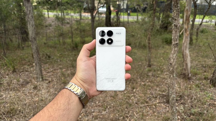 Poco F6 Pro in white from the back showing its Camera array and branding