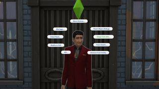 The Sims 4 - Mortimer Goth stands on his porch with a wheel of cheat options surrounding his head