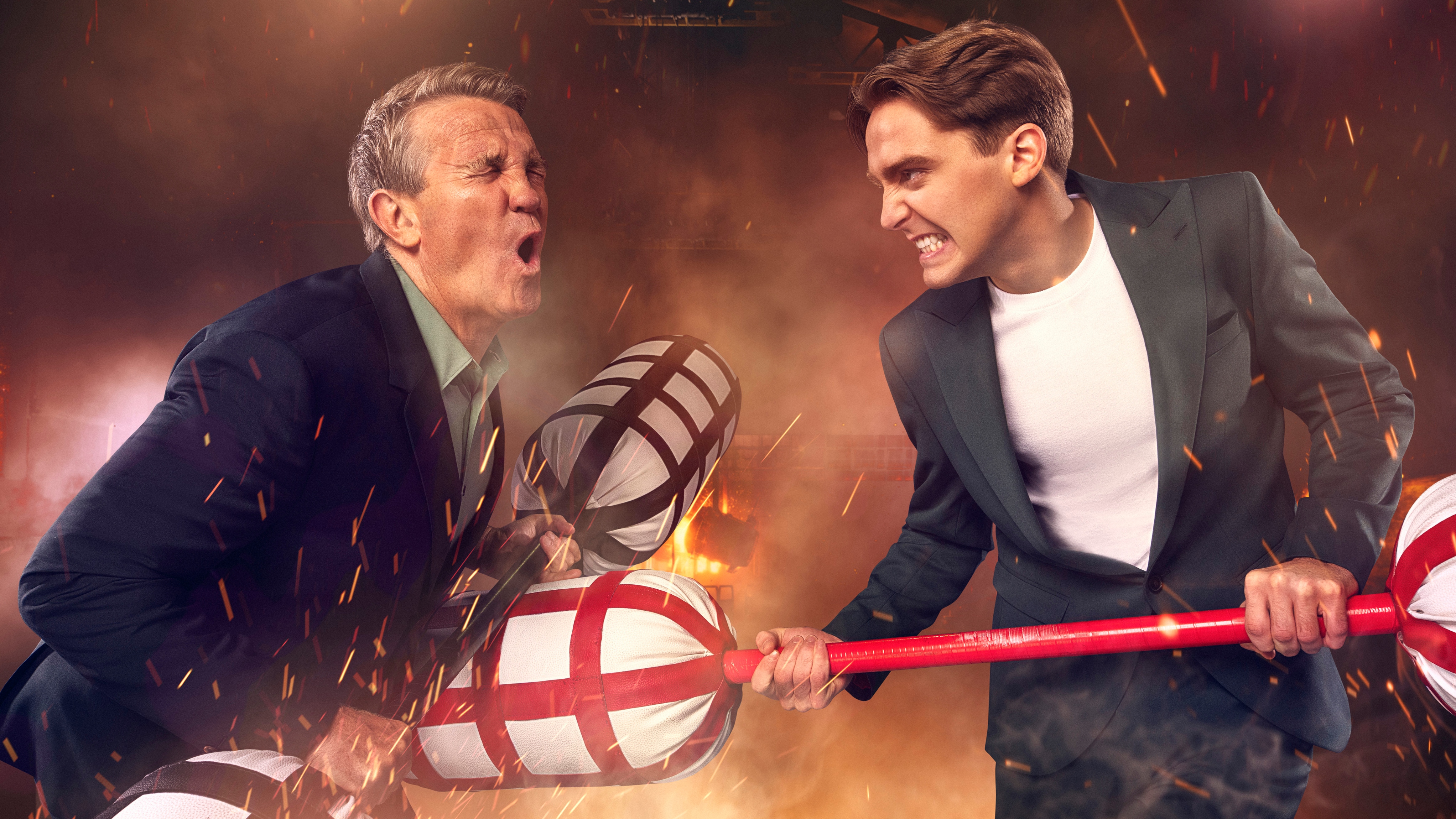 Bradley and Barney Walsh in suits fighting with giant cotton wool buds