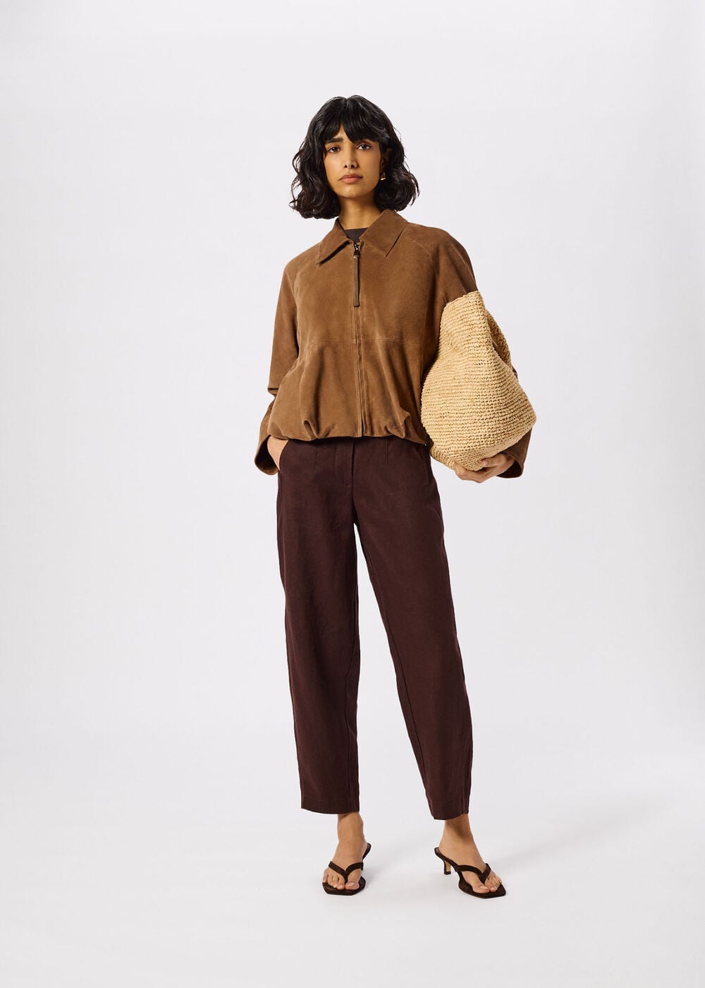 Brown Petite Linen Barrel Leg Trouser