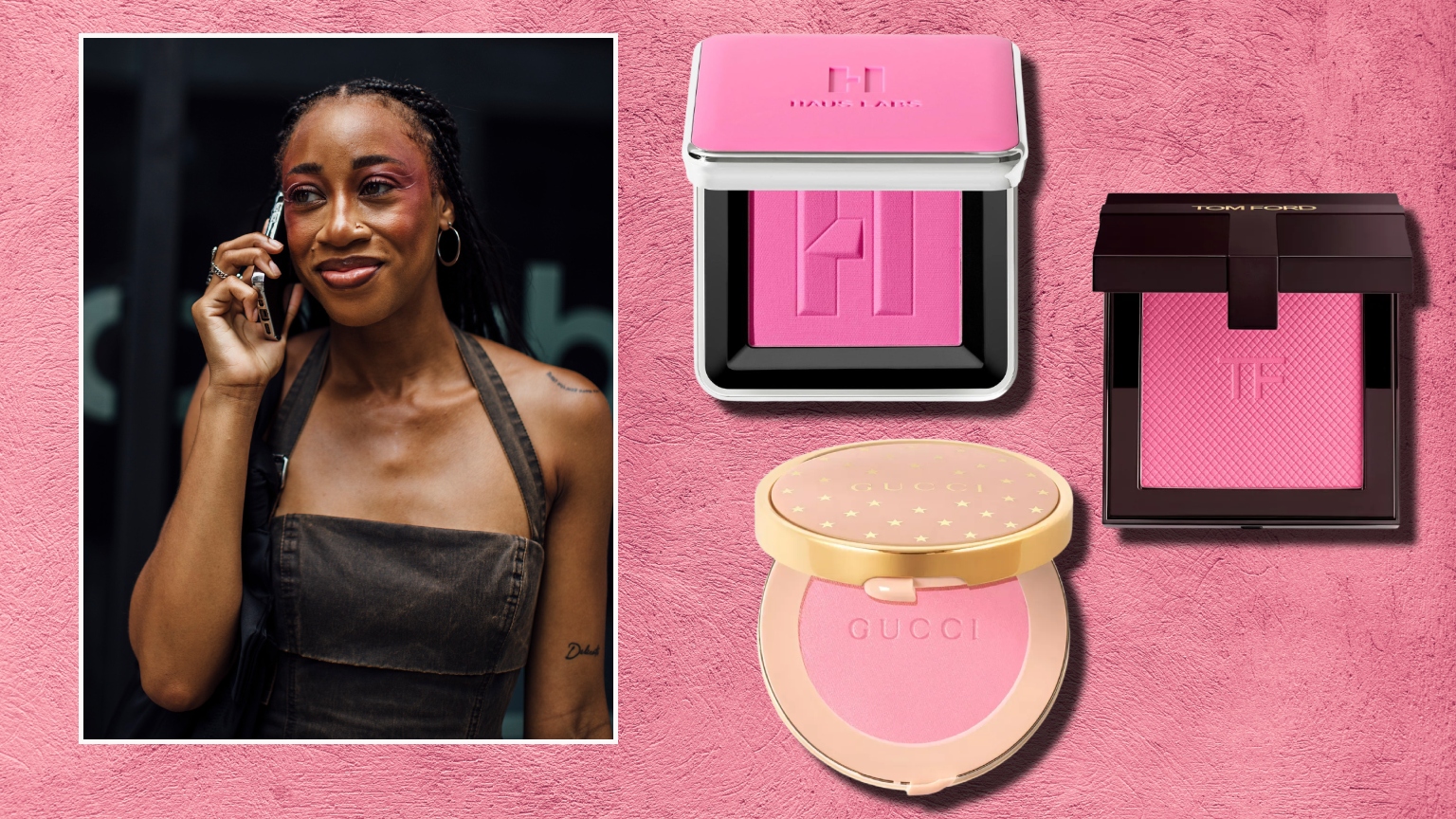 a pink powder background with a black woman wearing pink blush next to three pink blush compacts