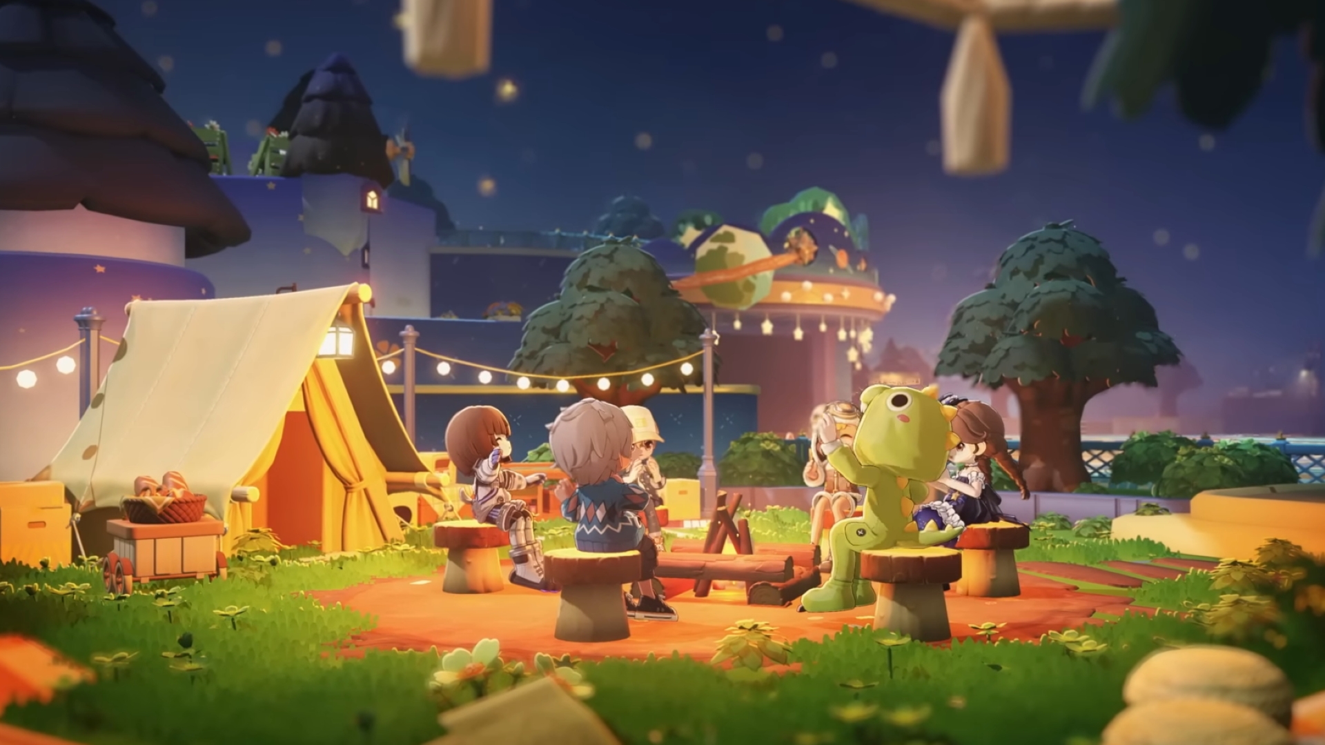Several player characters from Petit Planet sitting outside of a tent at night time. They&#039;re all gathered around a campfire, dressed in various custom outfits.