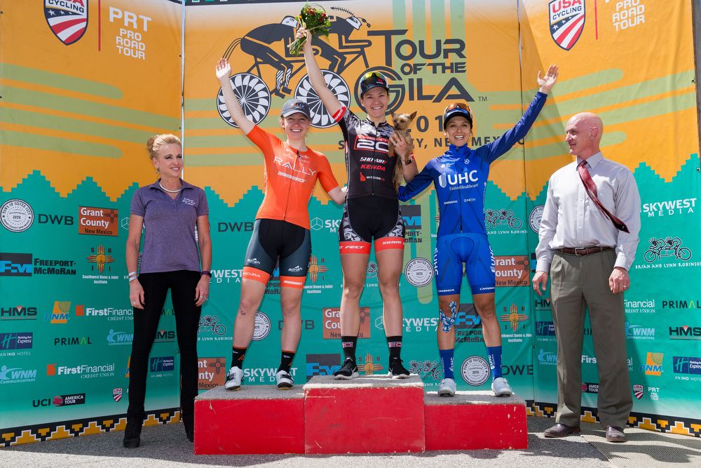 Emma White, Chloe Dygert and Diana Penuela on the stage 2 podium at Tour of the Gila.