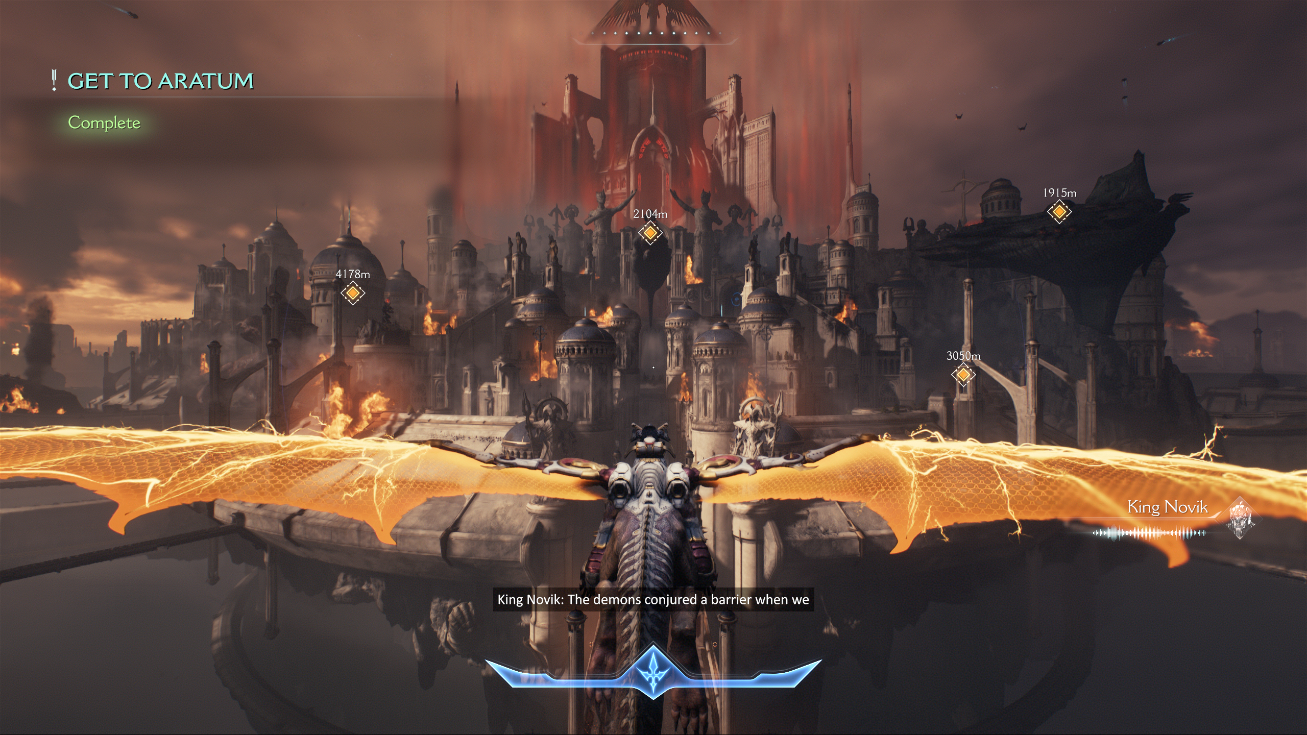 Doom: The Dark Ages missions list - The Doom Slayer riding towards a floating city on the back of a dragon.