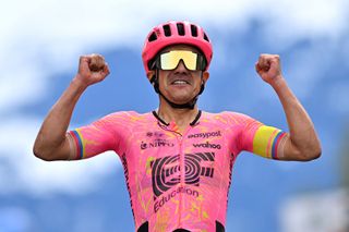 LEYSIN SWITZERLAND APRIL 27 Richard Carapaz of Ecuador and Team EF Education EasyPost celebrates at finish line as stage winner during the 77th Tour De Romandie 2024 Stage 4 a 1592km stage from Saillon to Leysin 1314m UCIWT on April 27 2024 in Leysin Switzerland Photo by Luc ClaessenGetty Images