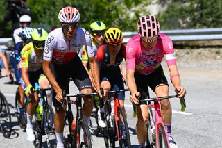 ALPE DHUEZ FRANCE JULY 14 LR Anthony Perez of France and Team Cofidis and Neilson Powless of United States and Team EF Education Easypost compete in the breakaway during the 109th Tour de France 2022 Stage 12 a 1651km stage from Brianon to LAlpe dHuez 1471m TDF2022 WorldTour on July 14 2022 in Alpe dHuez France Photo by Tim de WaeleGetty Images