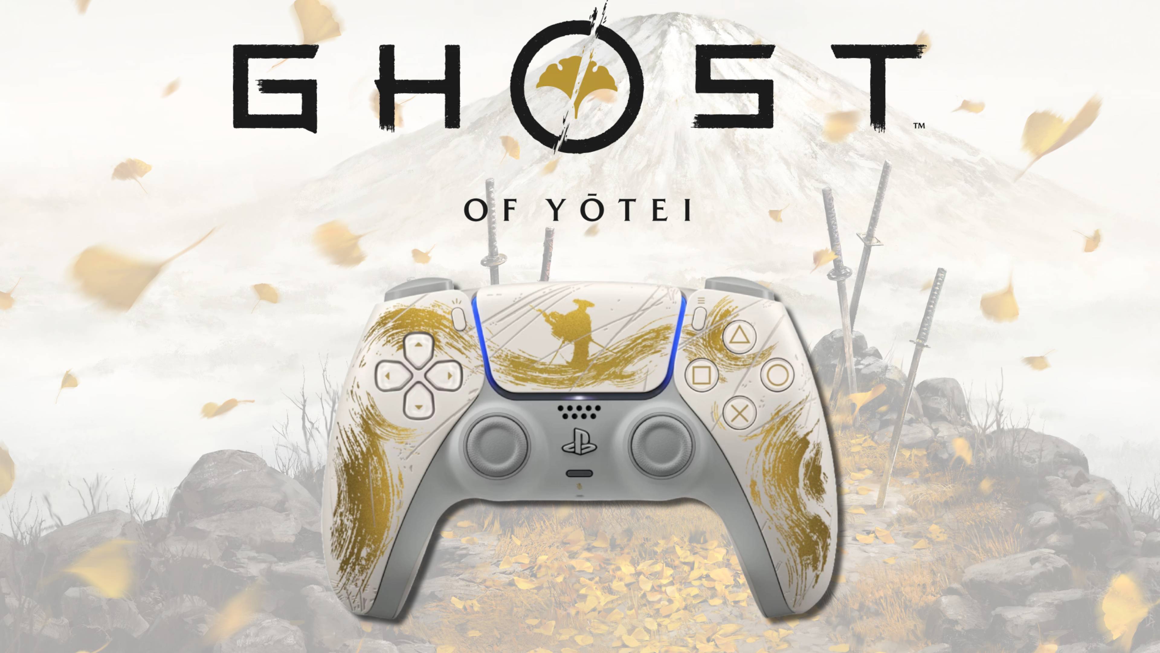 The gold Ghost of Yotei DualSense controller on a key art background