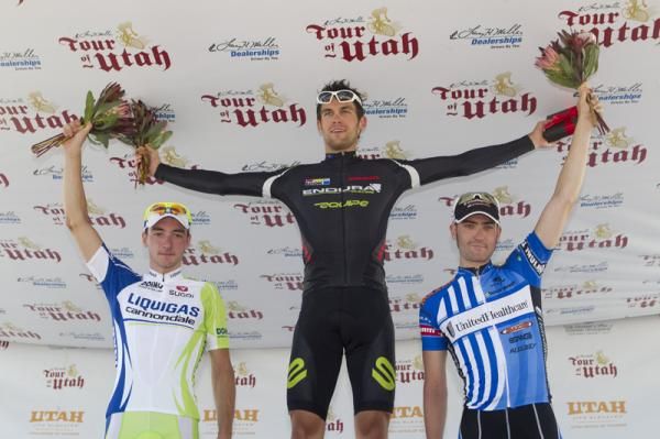 The stage 2 podium (l-r): Elia Viviani (Liquigas-Cannondale), Jack Bauer (Endura Racing) and Jake Keough (UnitedHealthcare Pro Cycling)