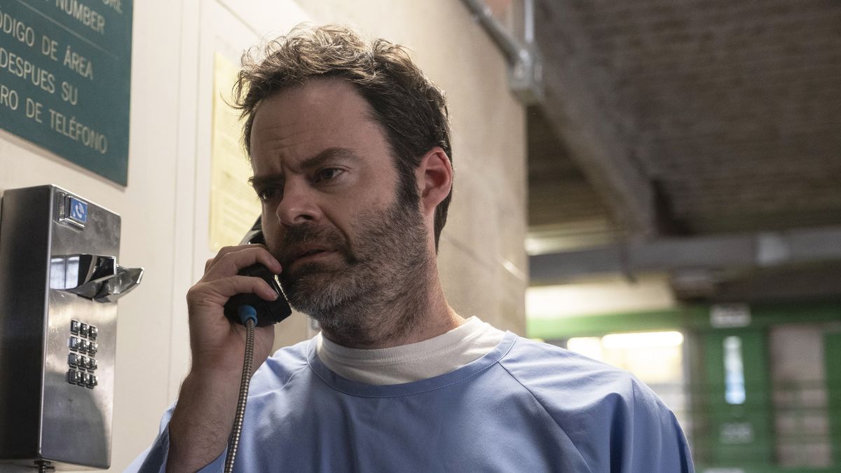 Bill Hader as Barry, talking at a jail payphone, in Barry season 4 episode 1