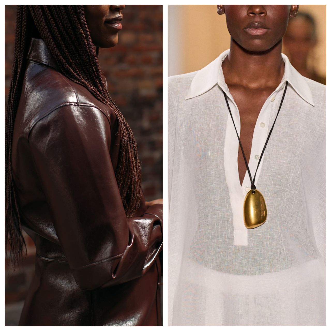 woman wearing brown leather jacket; woman wearing a cord necklace 