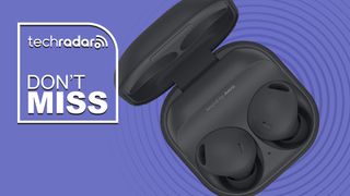 Samsung Galaxy Buds 2 Pro on purple TR 'don't miss' background