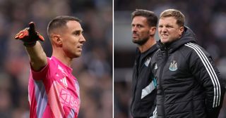 Odysseas Vlachodimos of Newcastle United reacts during the Carabao Cup Third Round match between Newcastle United and AFC Wimbledon at St James&#039; Park. Eddie Howe, Manager of Newcastle United, reacts during the Carabao Cup Third Round match between Newcastle United and AFC Wimbledon