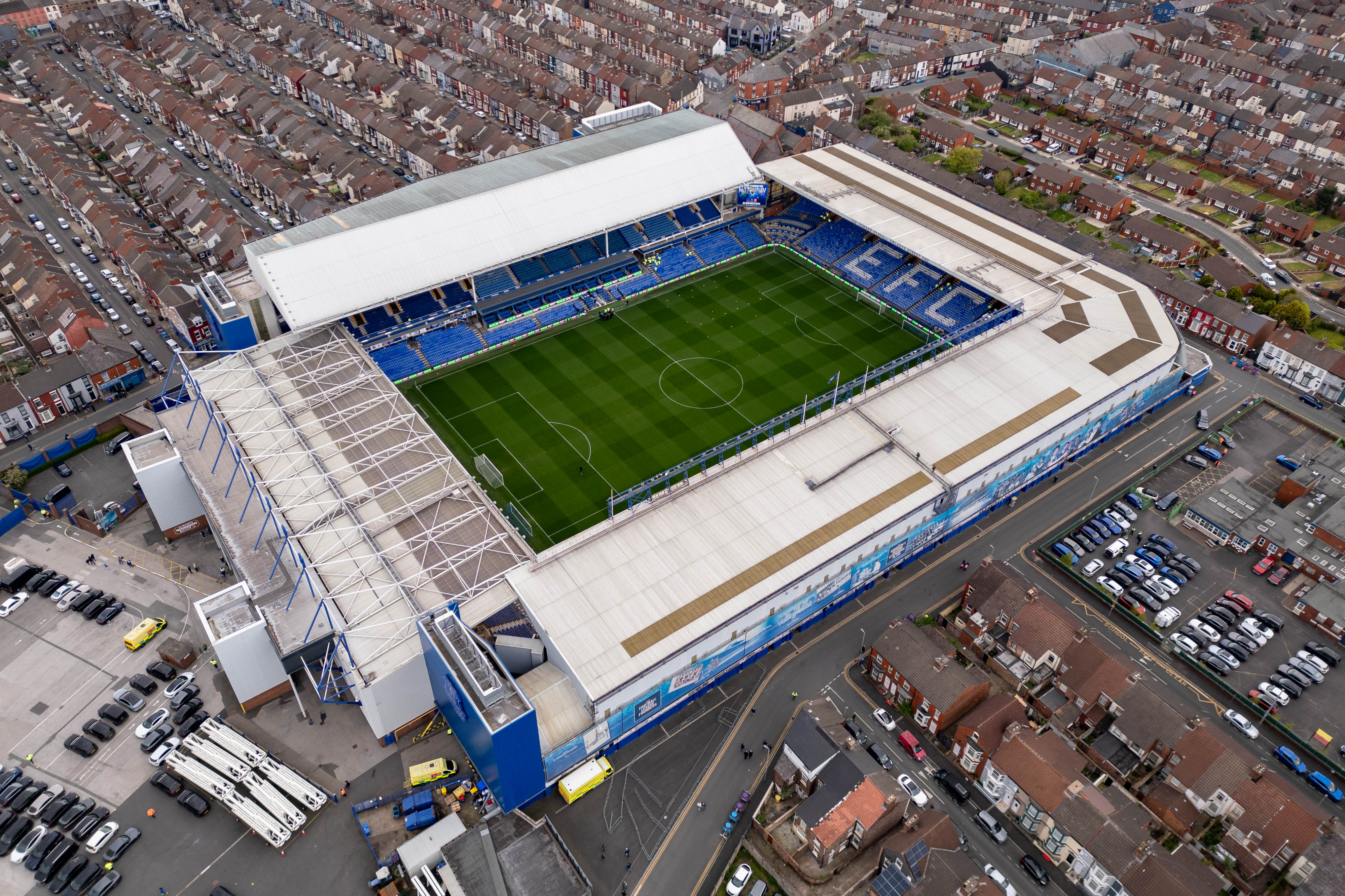 An aerial view of Everton's Goodison Park stadium in April 2024.