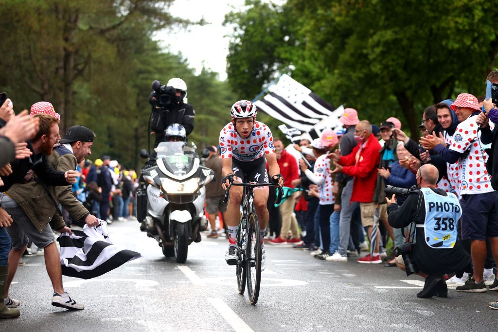 PONTIVY FRANCE JUNE 28 Ide Schelling of The Netherlands and Team BORA Hansgrohe Polka Dot Mountain Jersey in breakaway during the 108th Tour de France 2021 Stage 3 a 1829km stage from Lorient to Pontivy Public Fans Flag LeTour TDF2021 on June 28 2021 in Pontivy France Photo by Michael SteeleGetty Images