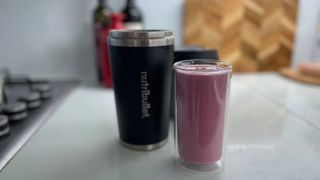 Raspberry smoothie made in the Nutribullet Flip Blender