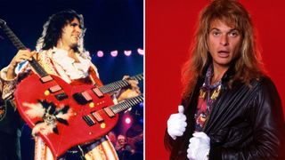 LEFT: Steve Vai plays his distinctive three-neck-heart-shaped-guitar on stage with David Lee Roth at Budokan, Tokyo, Japan, 3rd October 1988. RIGHT: David Lee Roth, poses for a portrait backstage at Cobo Arena during his "Eat 'Em and Smile Tour" on September 26, 1986, in Detroit, Michigan. 