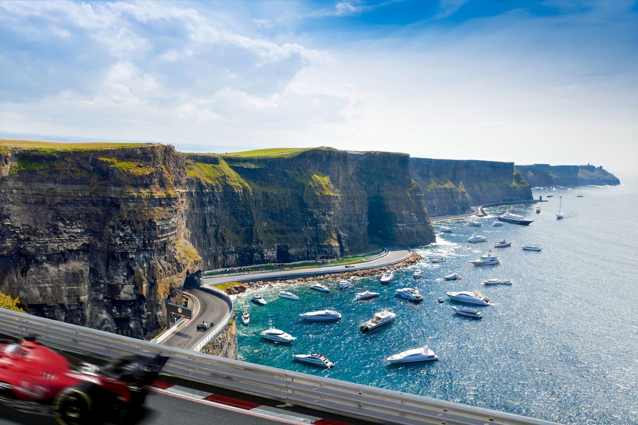 AI-generated image of a UK landmark with an F1 racetrack added