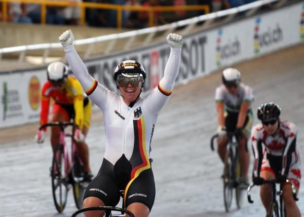 Christin Muche (Germany) celebrates victory in the women's keirin