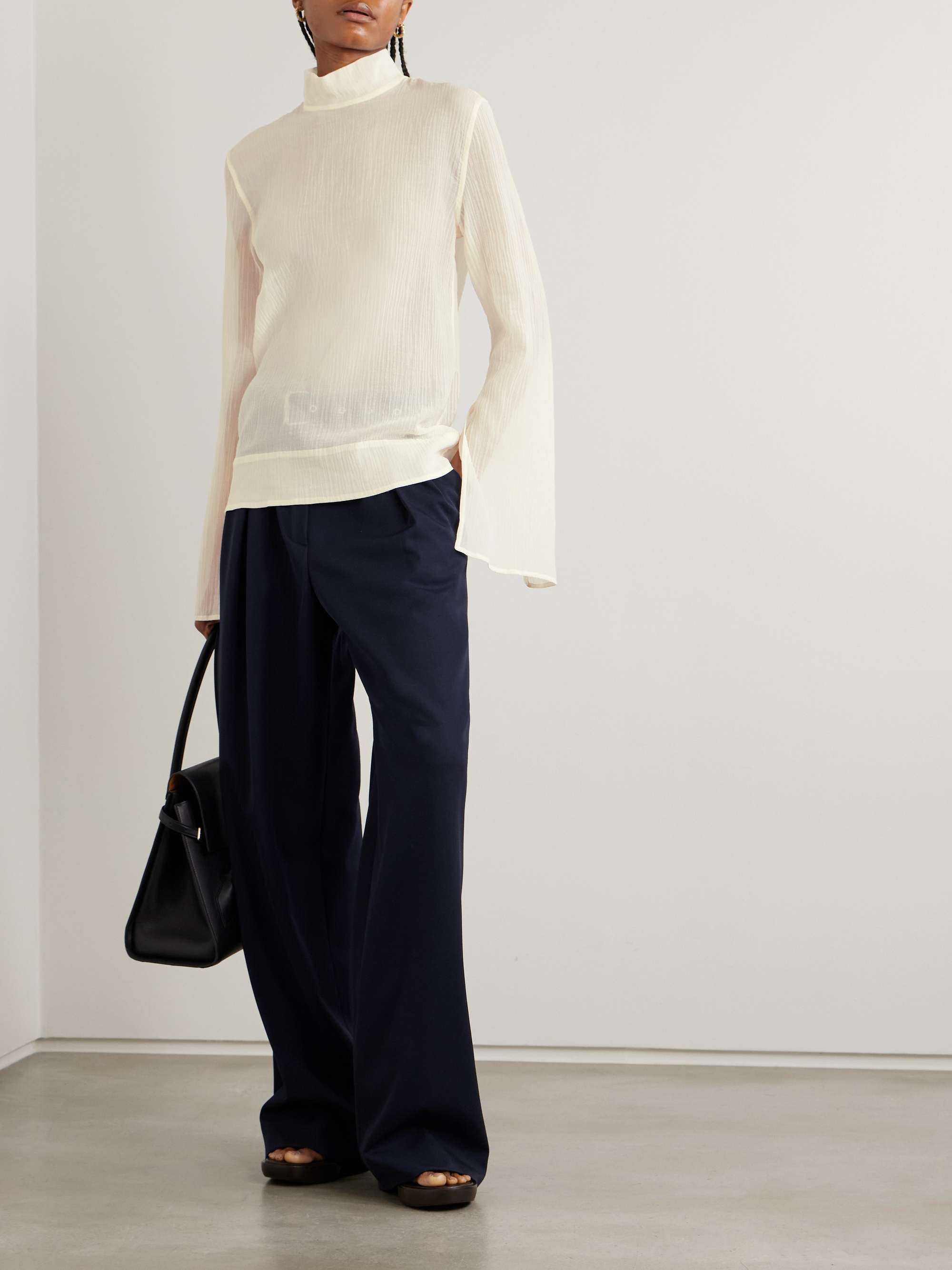 Cotton and Silk-Blend Crepon Turtleneck Blouse