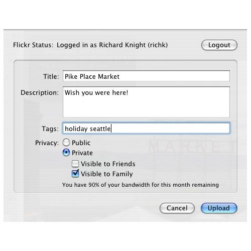 PhotoComplete image: The Flickr export window, so you can put in information about the photo.