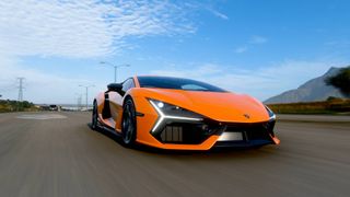 Forza Horizon 5 Lamborghini Revuelto driving on highway at high speed