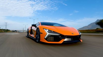 Forza Horizon 5 Lamborghini Revuelto driving on highway at high speed