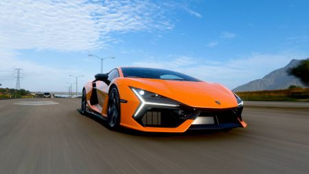 Forza Horizon 5 Lamborghini Revuelto driving on highway at high speed