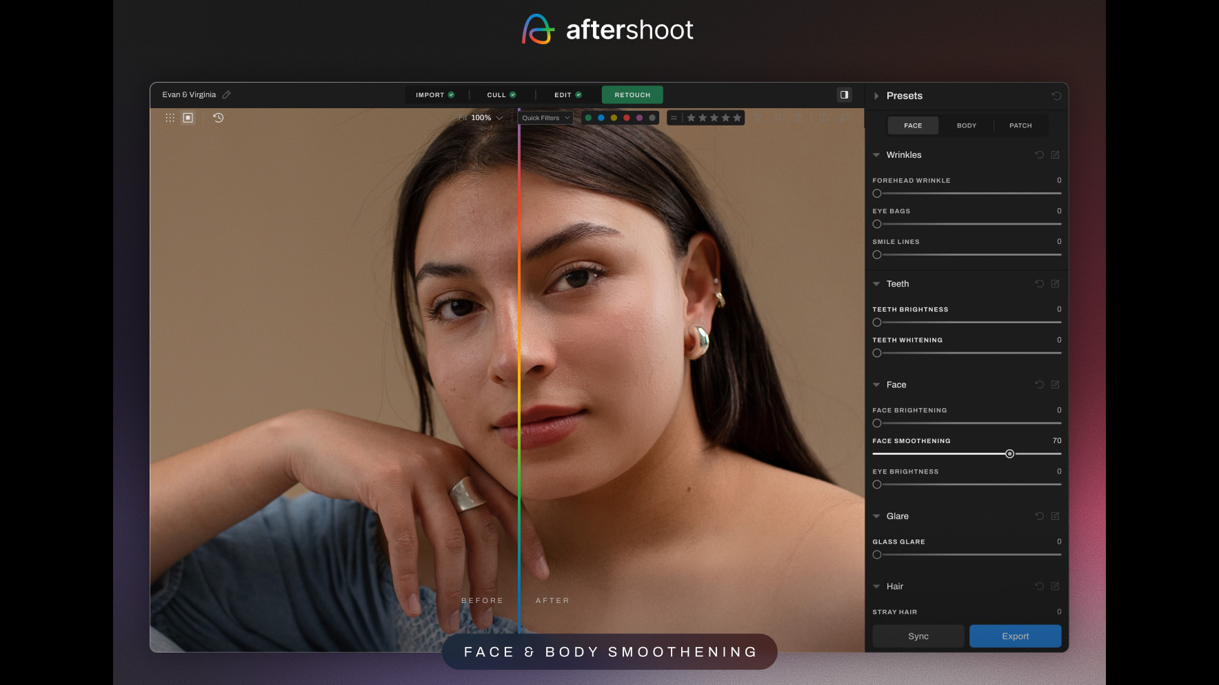 Aftershoot screenshot of portrait demonstrating the software's new AI Retouching tools