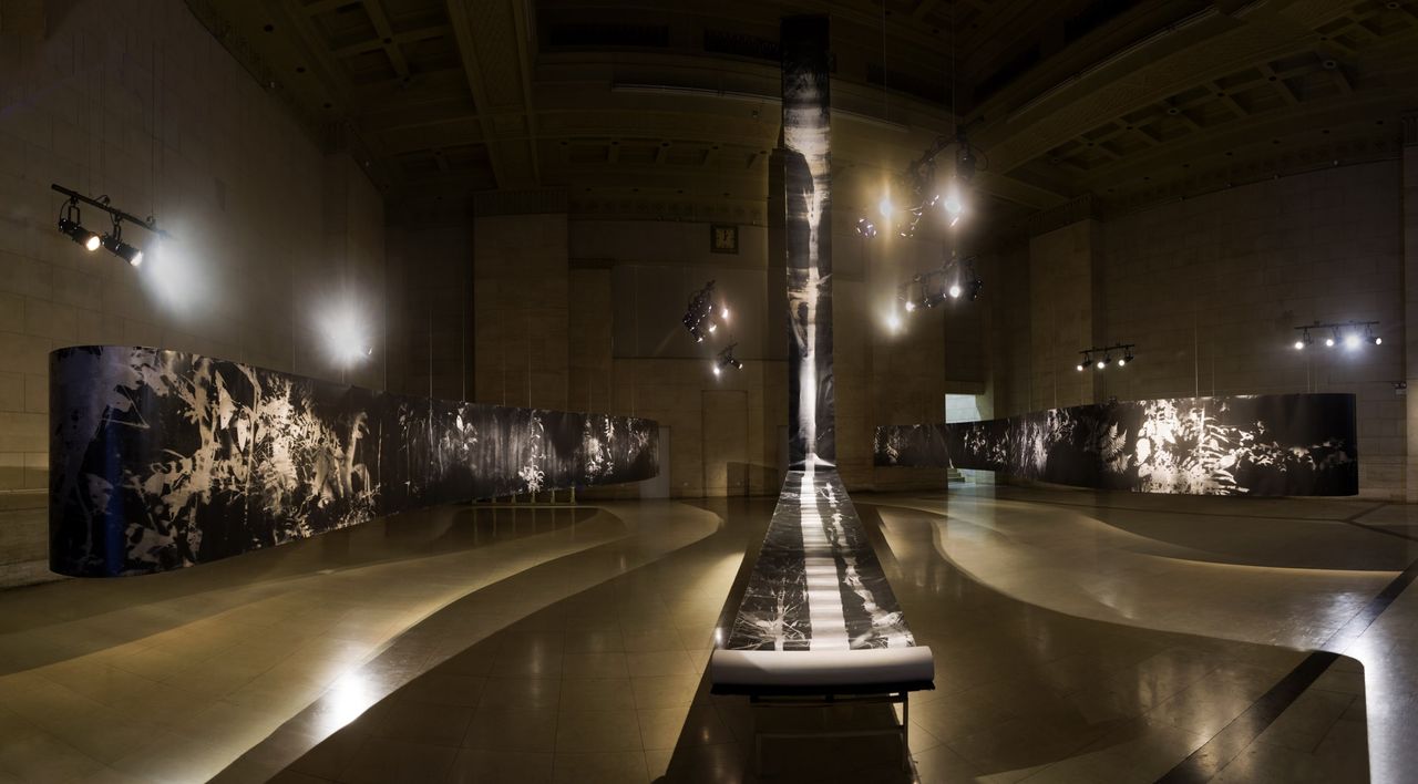 A monumental, three-dimensional art installation showcases black panels decorated with close-up monochromatic shots of forest.