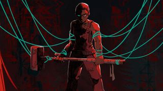 Key art for Virtue and a Sledgehammer showing the main character in red lighting clasping a large sledgehammer, tangled up in green wiring