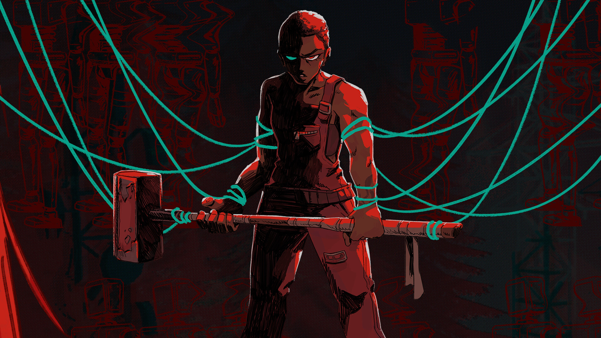 Key art for Virtue and a Sledgehammer showing the main character in red lighting clasping a large sledgehammer, tangled up in green wiring