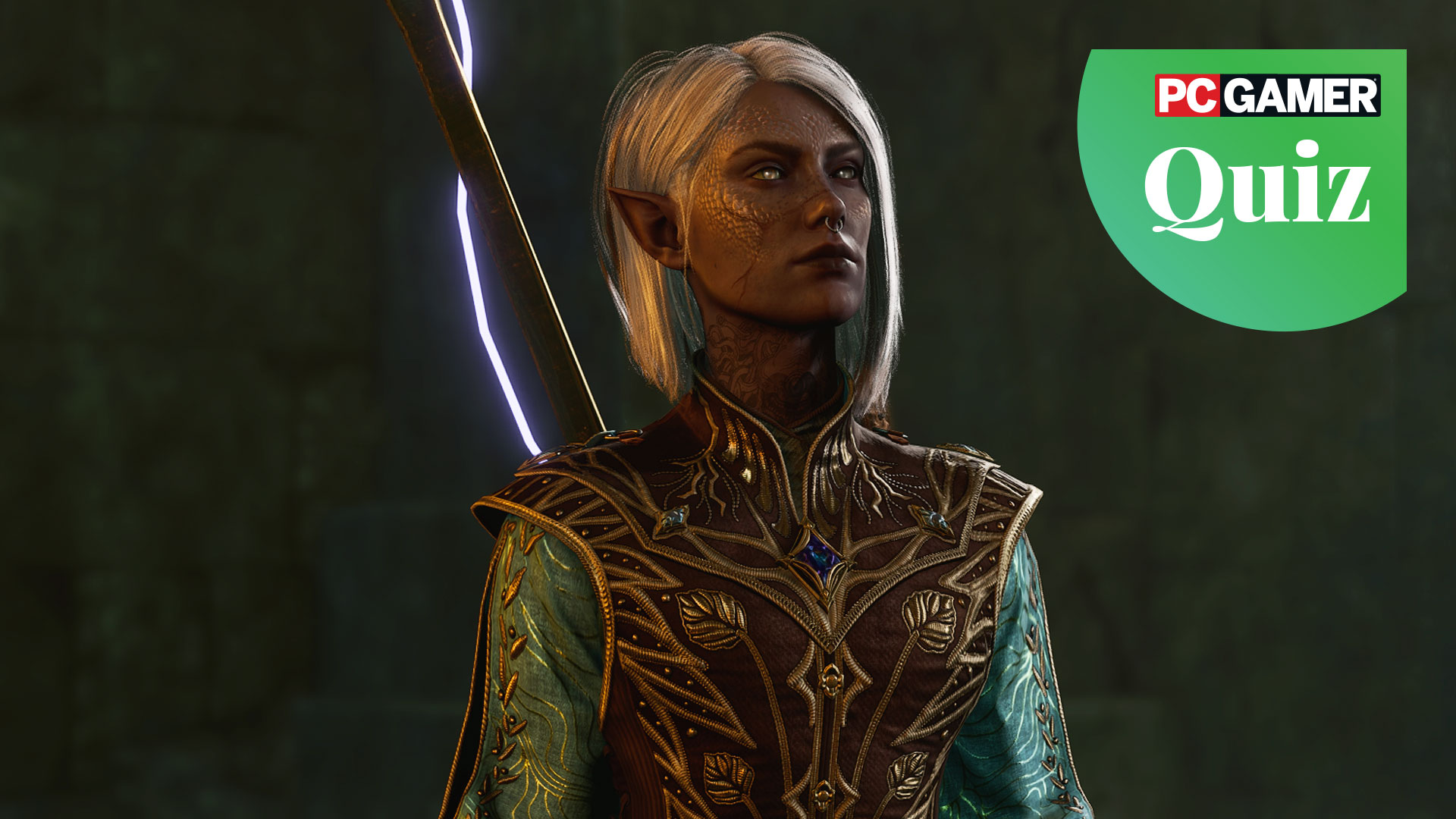 A player Tav, the main character in Baldur's Gate 3. She's a Half-Drow with purple-toned skin and short white hair. 