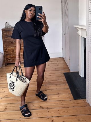 How Fashion People Wear Simple Black Dresses and Sandals Who What Wear UK