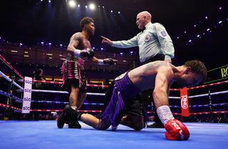 Josh Padley reacts to being knocked by by Shakur Stevenson as referee Victor Loughlin steps in during the WBC World Lightweight Title fight between Shakur Stevenson and Josh Padley as part of Beterbiev v Bivol 2: The Last Crescendo at Kingdom Arena on February 22, 2025 in Riyadh, Saudi Arabia.