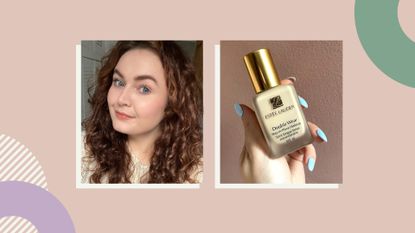 Collage of Lucy wearing the foundation for this Estée Lauder Double Wear Foundation review and the packaging